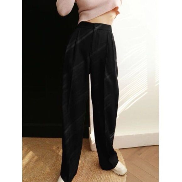 Commense NWT Black Minimalist Office Fall Chic Middle Waist Pleated Tapered Pant - Picture 2 of 12